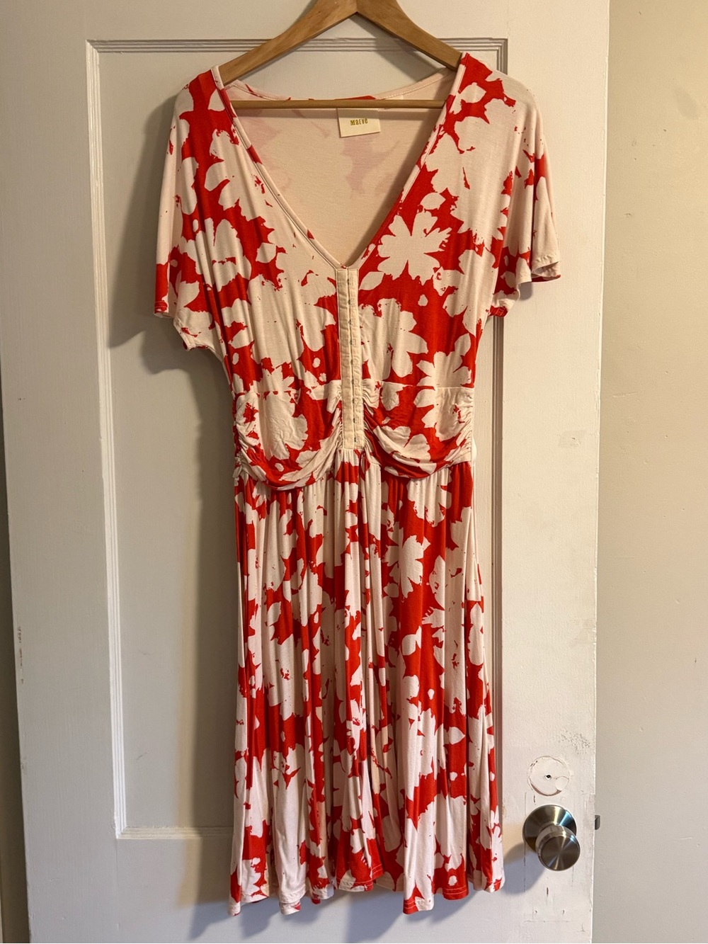 Anthropologie Red Floral V-Neck Women's Dress L